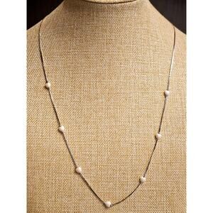 Vtg Silver Tone Rhodium over Metal Faux Pearl Station Necklace 24" L Cobra Chain